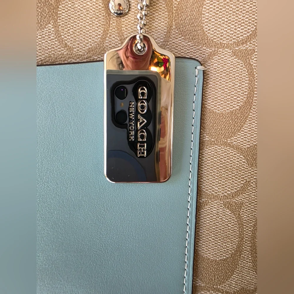 Coach Emma Satchel Crossbody Signature Coated Canvas Light Blue Leather Accents - Picture 3 of 15